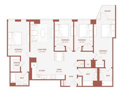 Floor plan for 4 beds, 3 baths, 395 sqft